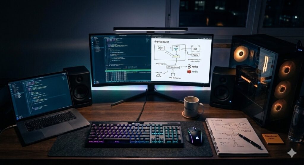 AI developer workspace with MacBook Pro, GPU desktop, terminal window, and handwritten architecture notes on a desk at night