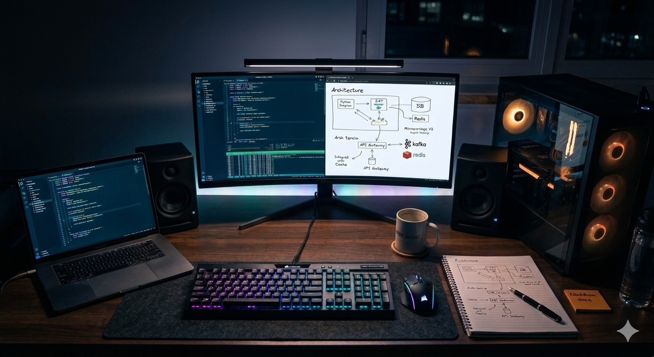 AI developer workspace with MacBook Pro, GPU desktop, terminal window, and handwritten architecture notes on a desk at night