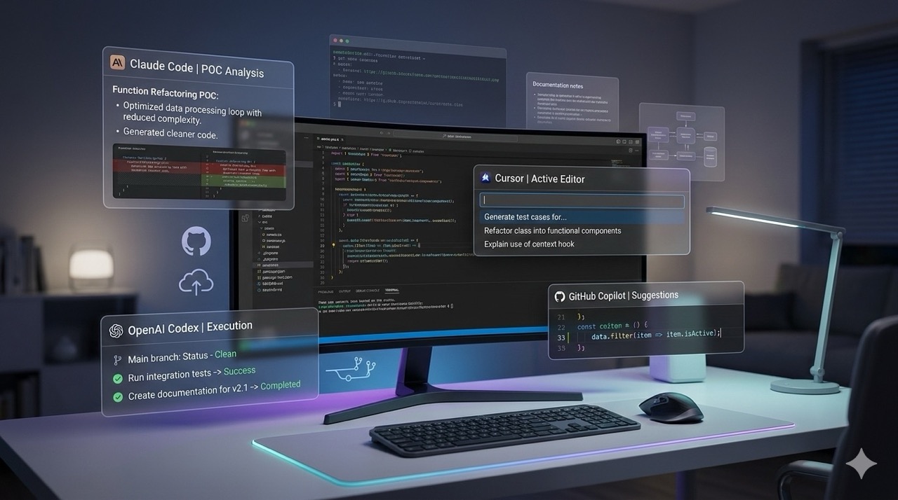 Modern AI developer workspace comparing Cursor, Claude Code, Copilot, and Codex for software development